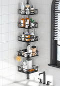 Skycarper 5-Tier Adjustable Corner Shower Caddy - Rustproof Tension Pole, 62-116 Inch, Black