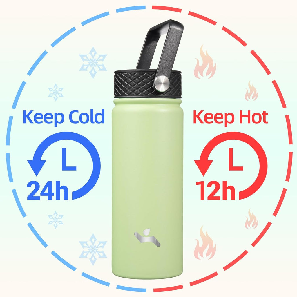 Skiennix 18 Oz Insulated Stainless Steel Water Bottle - Sport Bottle with 3 Lids | Macaron Green