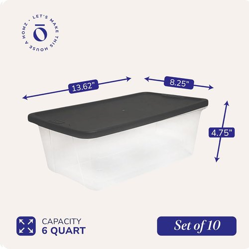 HOMZ 10-Pack Snaplock Storage Organizer Bins - Clear Plastic Containers with Lids, 6 Quart, Gray for Home & Office
