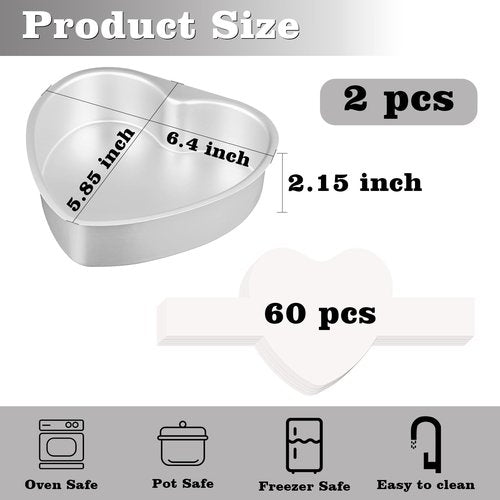 HUAKENER 6 Inch Heart Cake Pan, Set of 2 Heart Shaped Cake Pans with 60 Pieces Parchment Paper, Non-stick Cake Baking Pans for Kitchen Birthday Wedding