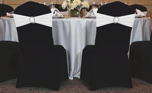 MDS Spandex Chair Sashes - Pack of 150 Universal Elastic Stretch Bands with Buckle Slider Bow | White