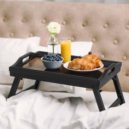 2 Pack Bed Tray Table with Adjustable Legs Breakfast Trays Serving Tray Bamboo Bed Laptap Floding Legs with Handles and Phone Holders