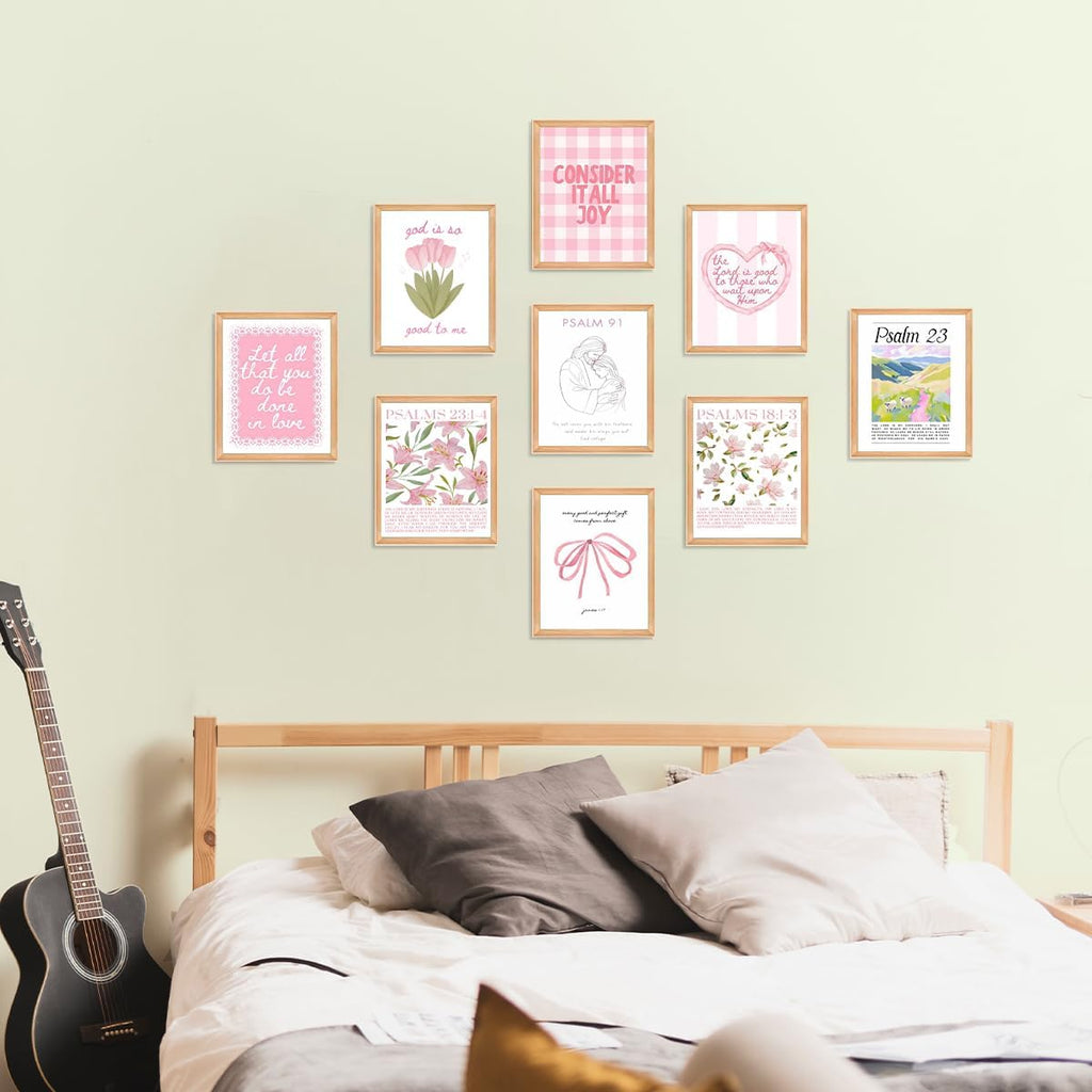 Skiennix 9-Piece Pink Christian Wall Art Set - Trendy Bible Verse Prints for Girls' Rooms | 8x10 Inch Decor