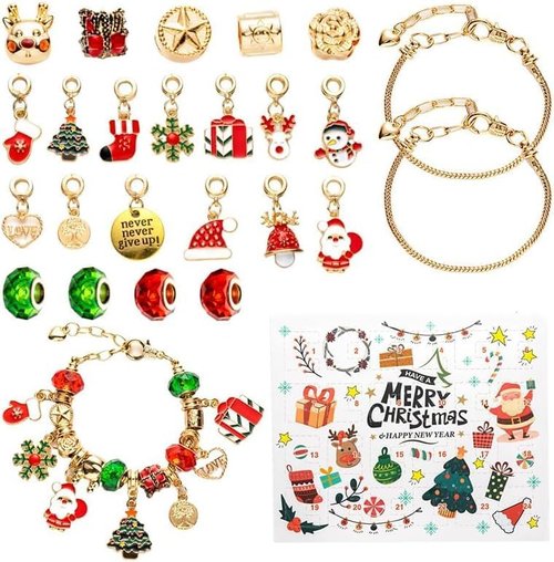 Gold Christmas Advent Calendar Bracelet - 24-Day Countdown Kit with DIY Jewelry & Charms for Girls 6-18