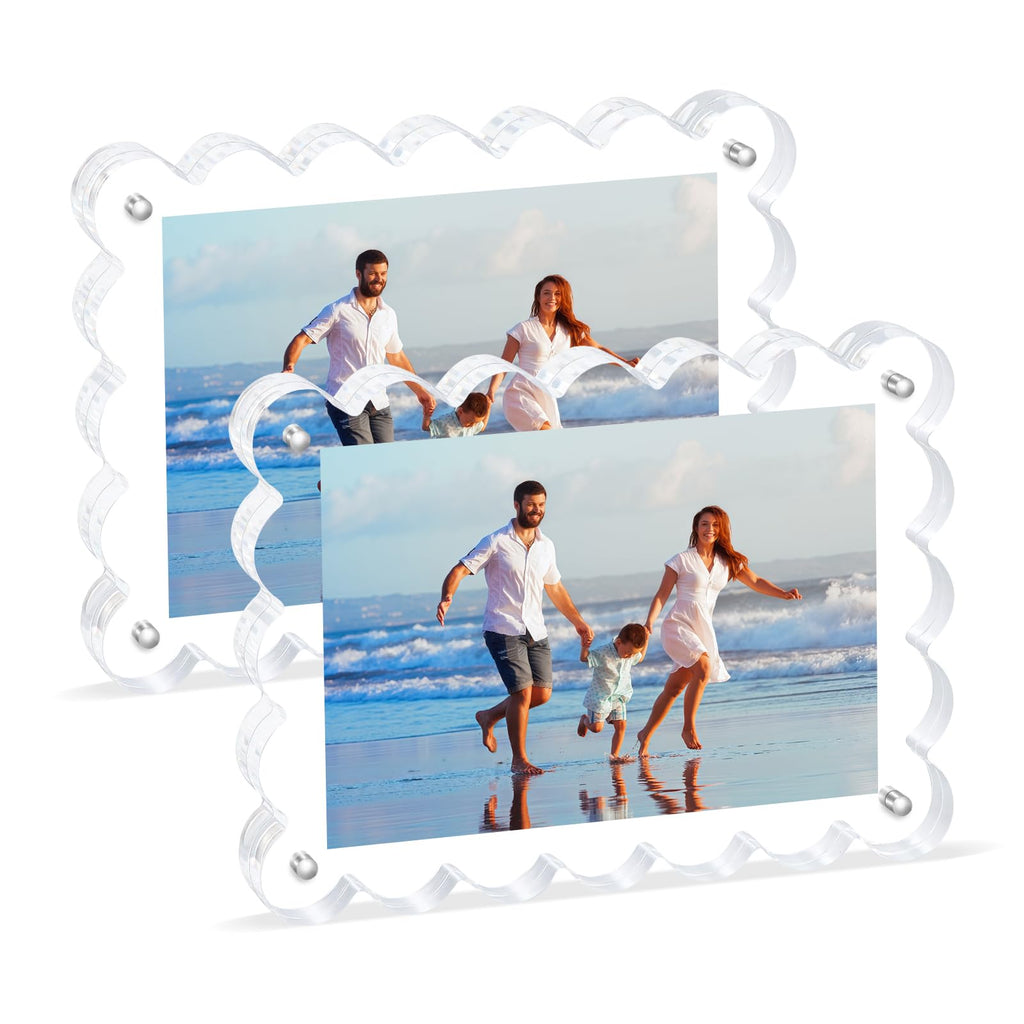 Novacrylion Scalloped Magnetic Picture Frame 4x6 Inch - 2Pack Clear Acrylic Photo Frame, 20mm Thick Double-Sided Magnet Design, Trendy Desktop Display for Home/Office Decor (2 Pack, 4X6)