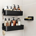 Orimade Shower Caddy - No-Drill Adhesive Shelves with 4 Hooks | Rustproof ABS Plastic, Black - 3-Pack