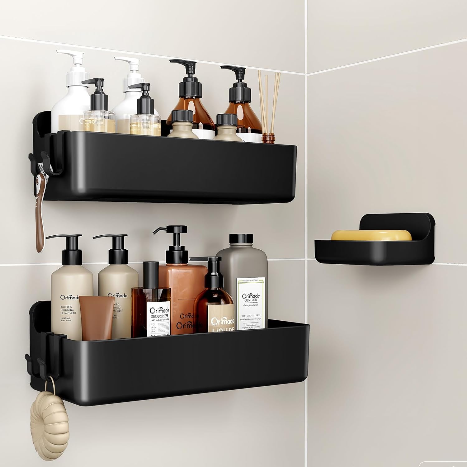 Orimade Shower Caddy - No-Drill Adhesive Shelves with 4 Hooks | Rustproof ABS Plastic, Black - 3-Pack
