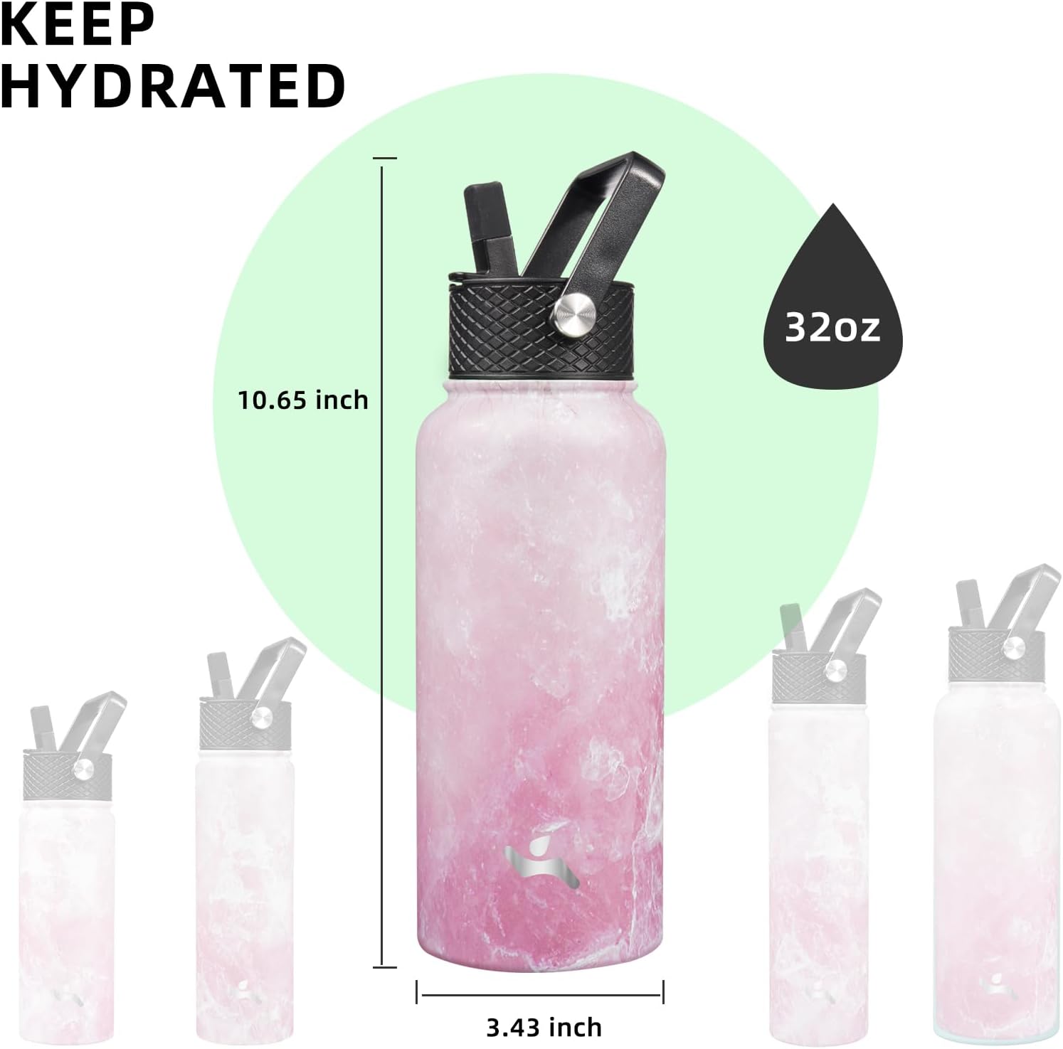 Skiennix 32 oz Insulated Stainless Steel Water Bottle - Marble Blossom | 3 Lids Included