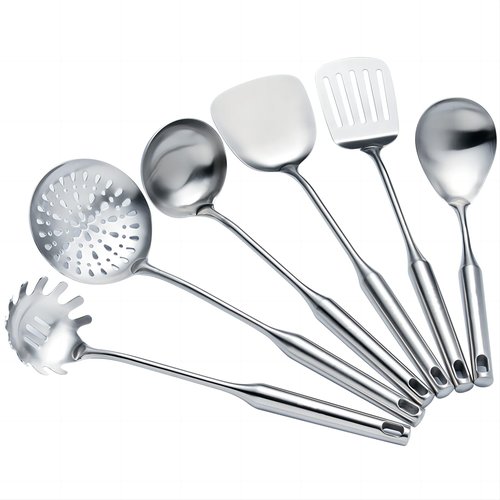 Cooking Utensils Set Stainless Steel Kitchen Metal Serving Utensils Set of 6 Pcs-Wok Spatula Ladle Set, Slotted Skimmer, Pasta Server, Serving Spoon, Slotted Spatula Tunner,Dishwasher Safe