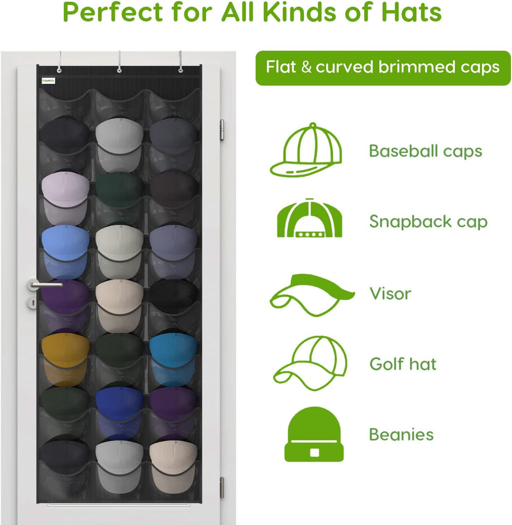 Unjumbly Baseball Hat Rack - 24 Pocket Over-The-Door Organizer with Clear Pockets | Black