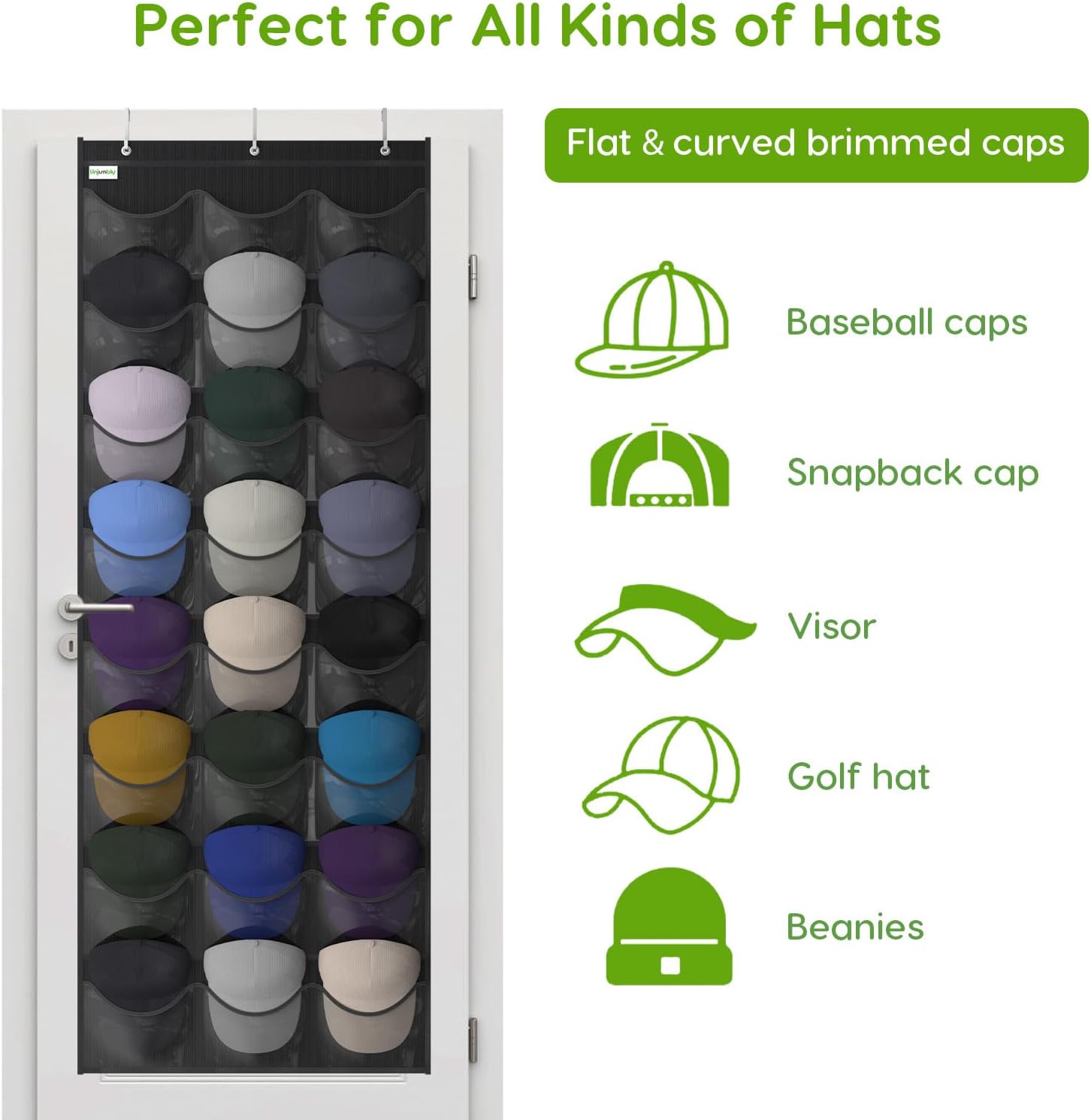 Unjumbly Baseball Hat Rack - 24 Pocket Over-The-Door Organizer with Clear Pockets | Black