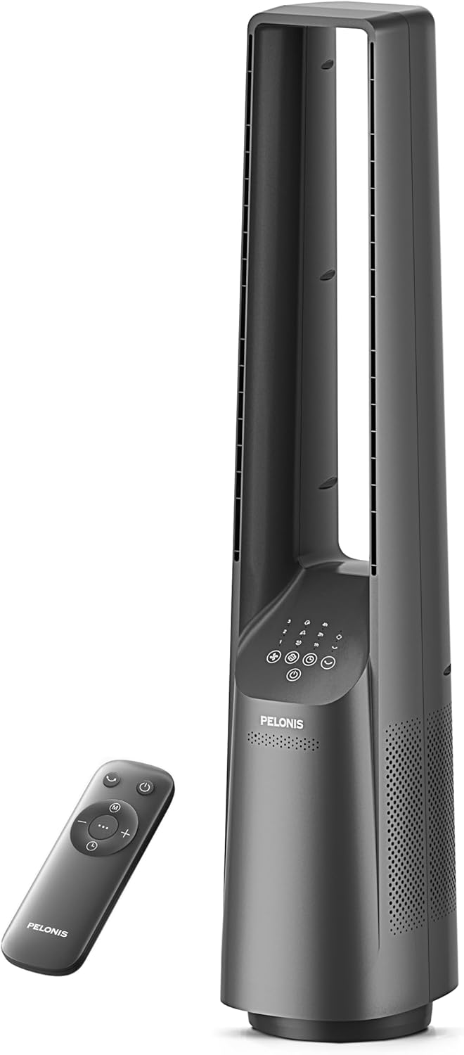 Pelonis Bladeless Tower Fan - Ultra-Quiet 22 dB Motor, 6 Speeds, Remote Control, 90° Oscillation, Safe for Home & Office