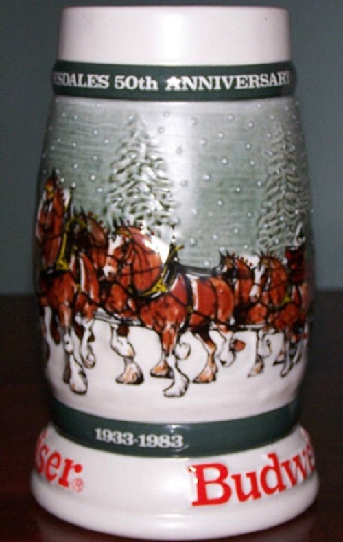 ANHEUSER BUSCH BUDWEISER HOLIDAY STEIN 1982 CS-57 CLYDESDALES 50th ANNIVERSARY