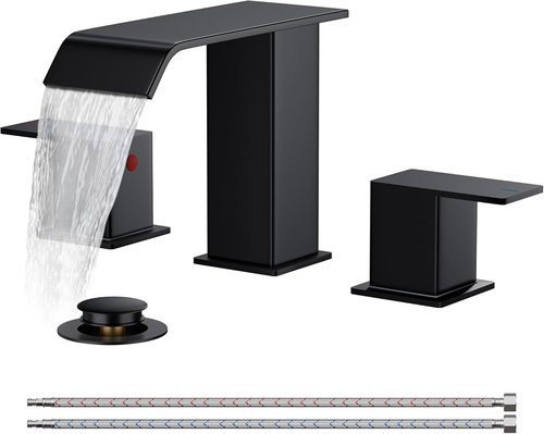 FORIOUS Bathroom Faucet - Matte Black 8-Inch Widespread Waterfall Spout with Pop-Up Drain | Ideal for Vanity & Commercial Use