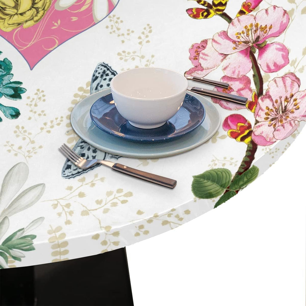 Skiennix Spring Flower Round Tablecloth - Retro Floral Hummingbird, Washable & Wipeable, Fits 45-50" Tables