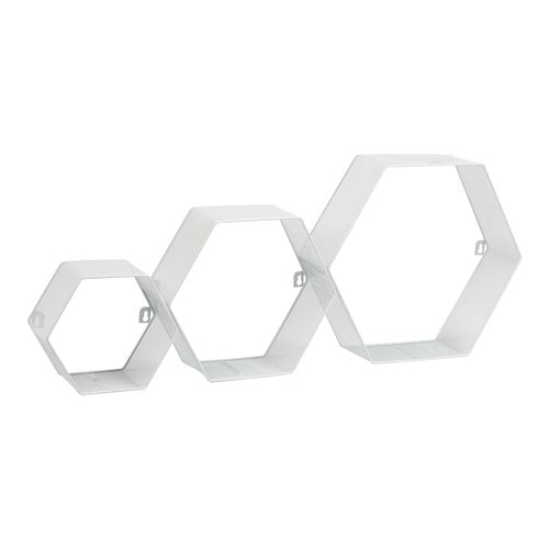 Mind Reader Hexagon Floating Shelves, Wall Decor, Honeycomb Accent Shelf, Office, Metal Mesh, 14" L x 4" W x 12" H, Set of 3, White