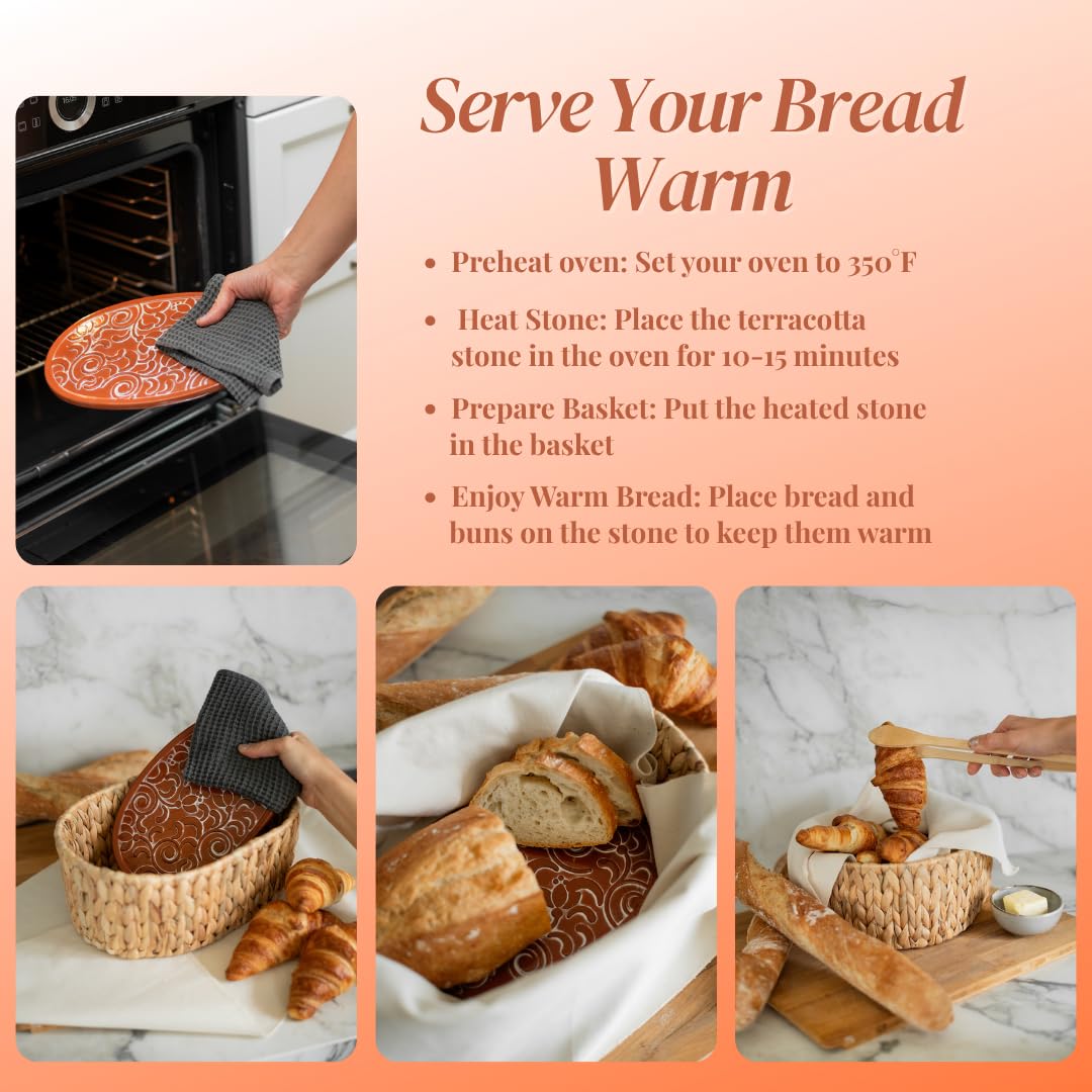 Premium Bread Basket with Warmer – Woven Serving Basket with Terracotta Warming Stone & Tongs, Keeps Bread Warm Longer, Modern Table Basket for Bread, Rolls & Tortillas, Mothers day, Mothers day gift
