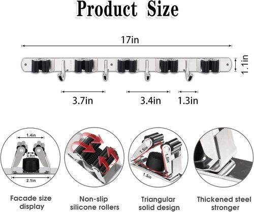 AceMining Wall Mounted Broom and Mop Holder | 5 Racks & 4 Heavy-Duty Hooks for Garage Storage