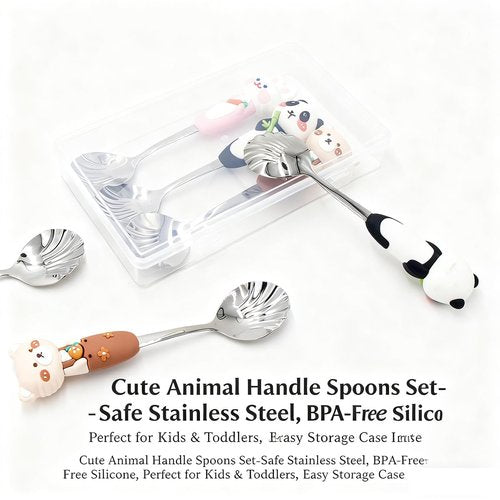 Cute Animal Design Stainless Steel Shell Spoons, Silver and White, Kids Tableware with Decorative Panda and Bear Handles, 3 Pack