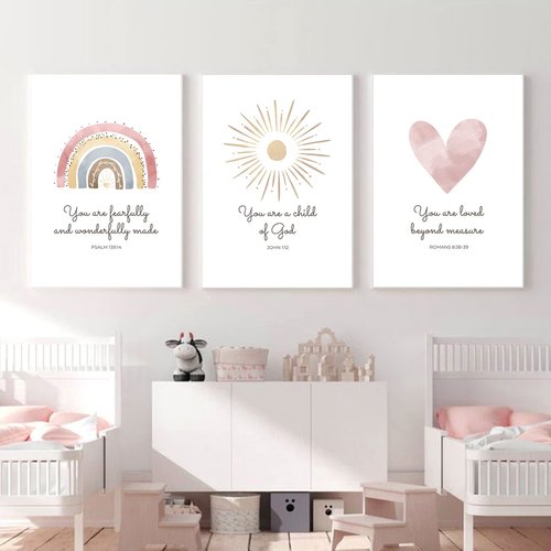 Boho Nursery Wall Art 3 Pieces Bible Verse Nursery Art Christian Girls Nursery Wall Art Heart Rainbow Sun Nursery Art Print Boho Sunshine Decor for Girl Baby Kid Room Decor 12x16 Inch Unframed