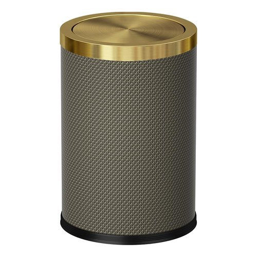 YOJIA 2.4 Gallon Bathroom Trash Can with Lid, Pu Leather Modern Garbage Can, Round Decorative Waste Basket, for Near Desk, Powder, Bedroom, Hotel, Office, Home (9L-Checked Grey)