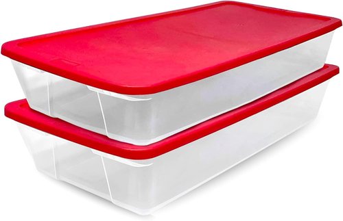 HOMZ Holiday Tote Storage Bins - 2-Pack Clear Plastic Organizers with Lids, 41 Quart, Red