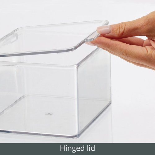 mDesign Plastic Kitchen Pantry and Fridge Storage Organizer Box Containers with Hinged Lid for Shelves or Cabinets, Holds Food, Snacks, Canned Drinks, Seasoning, Condiments, or Utensils, 2 Pack, Clear