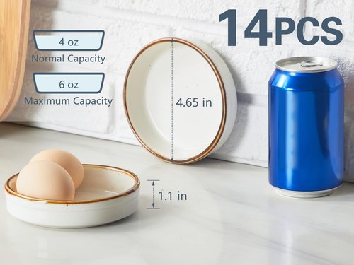 ONEMORE Ramekin Set of 14, Creme Brulee Ramekins Oven Safe 4 oz Ceramic Shallow Souffle Dishes for Baking Exquisite Desserts, Small Dipping Sauce Ramekins Round Mini Tart & Quiche Pans - Creamy White