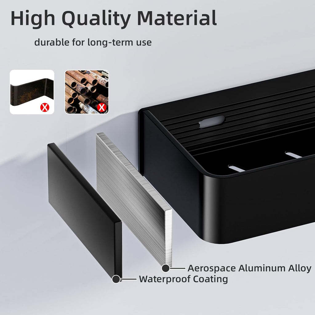 Wisfame Shower Caddy - No Drill Rustproof Aluminum Bathroom Shelf | 2 Pack Large Capacity with 5 Hooks - Black