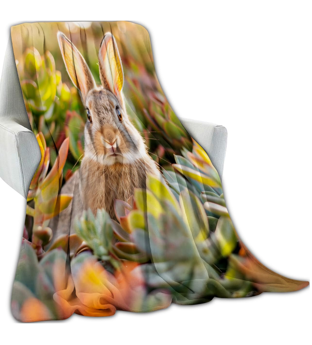 Cute Rabbit Blanket 50x60 in Birthday Gifts, Green Nature Garden Wild Bunny Throw Blankets for Home Traveling Camping Car Decor, Comfort Fluffy Warm Throws, for Girls Kids Animal Lovers