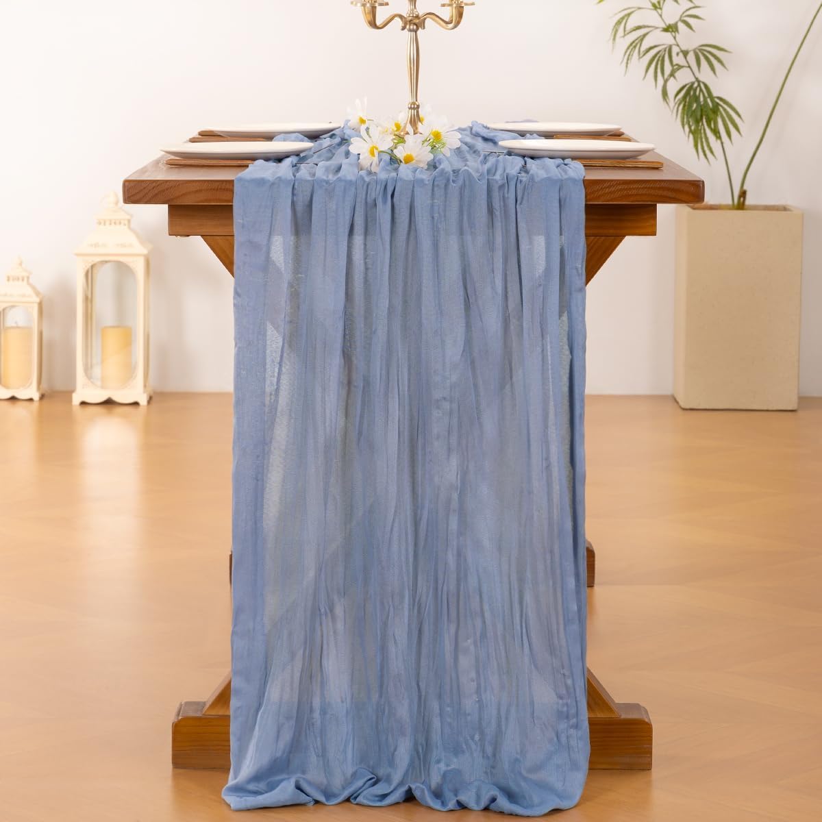 Socomi Cheesecloth Table Runner - Dusty Blue Boho Style | 120 Inch for Weddings & Parties