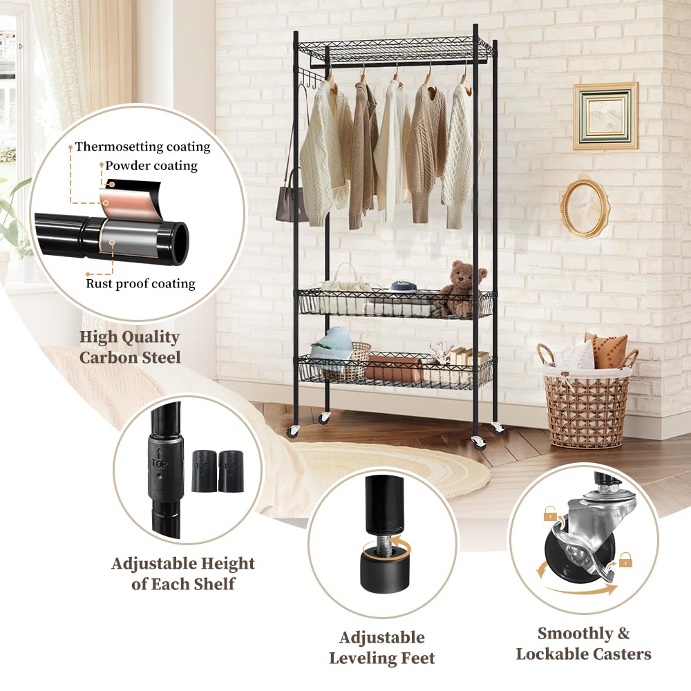 MRRcute Clothes Rack | Adjustable Closet Shelves | Heavy Duty Rolling Garment Rack | Freestanding Clothing Rack | Closet Organizers and Storage | Clothing Racks for Hanging Clothes.