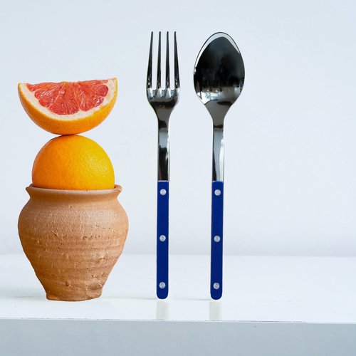 SABRE PARIS - 2-Piece Serving Set - Bistrot Collection - Large Fork & Large Spoon - Stainless Steel & Nylon - Dishwasher Safe - Navy Blue - Brilliant Finish