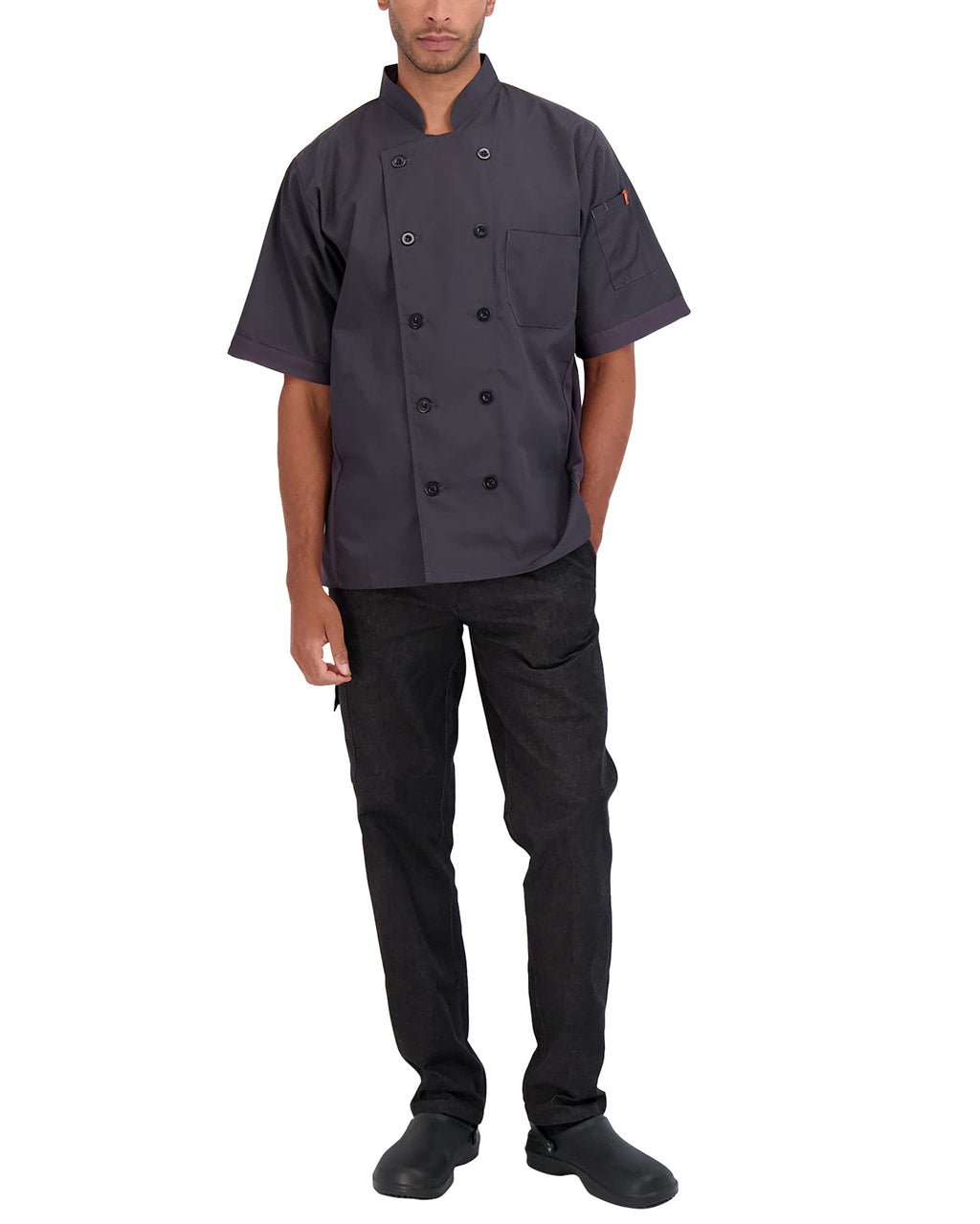 Happy Chef Men's Microvent Short Sleeve Lightweight Chef Coat, Charcoal, Large