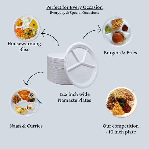 Namaste 100 Party Dinner Plates,12.5 inch Platter Size, Eco-friendly Compostable Microwave Safe Biodegradable, Heavy Duty
