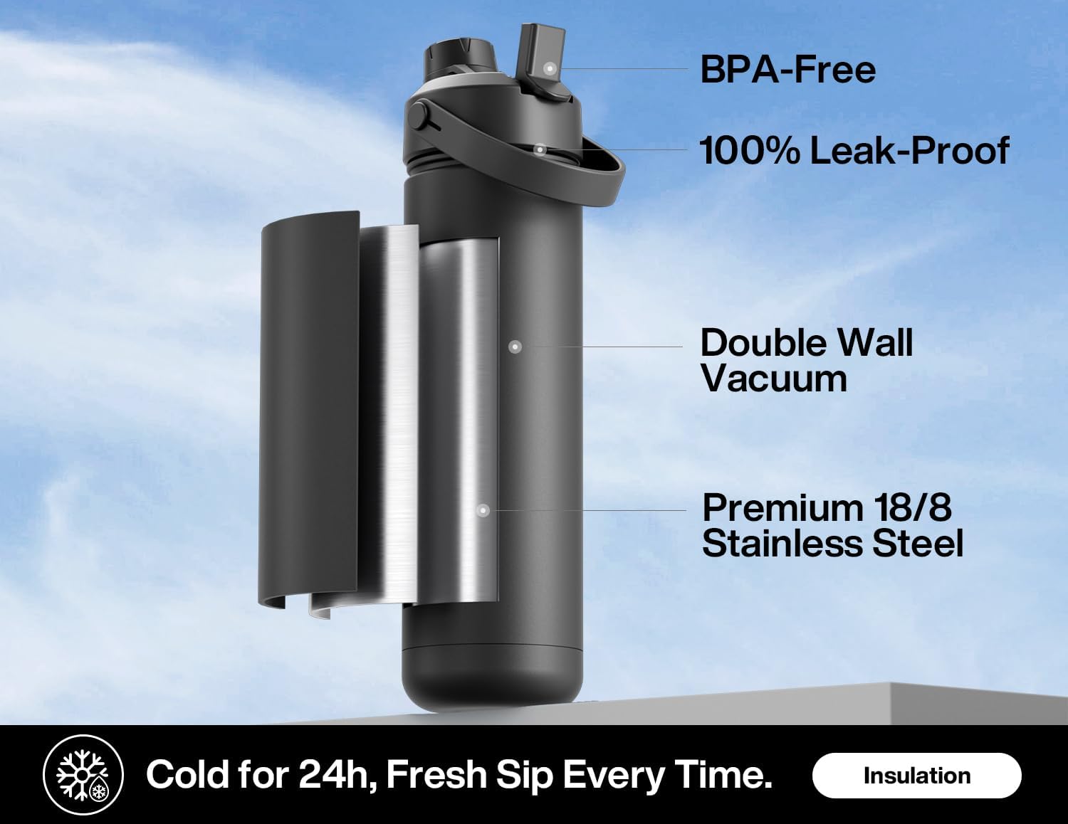 POWCAN 26 oz Insulated Water Bottle - 2-in-1 Straw & Spout Lid, Keeps Drinks Cold 24H | Midnight Kiss
