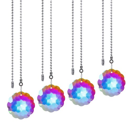 LONGSHENG - SINCE 2001 - 4 Pack Silver Ceiling Fan Pull Chains, Crystal Prisms Ornaments Pull Chains for Ceiling Fans and Lights, Decorative Fan Pulls Extenders with Connector