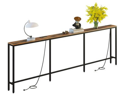 FLORIHOMA 102.4" Behind Couch Table with 2 Fast Charging Stations, 7.1" Narrow Skinny Sofa Table with 4 Power Outlets, 4 USB-A, 2 USB-C for Console Entryway, Rustic Brown