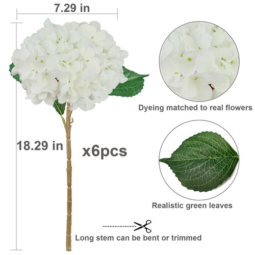 6PCS White Hydrangea Artificial Flowers, Bulk Silk Fake Flower with Stems, Faux Hydrangeas Bouquets for Home Décor, Wedding, Party, and Office Table Centerpieces.