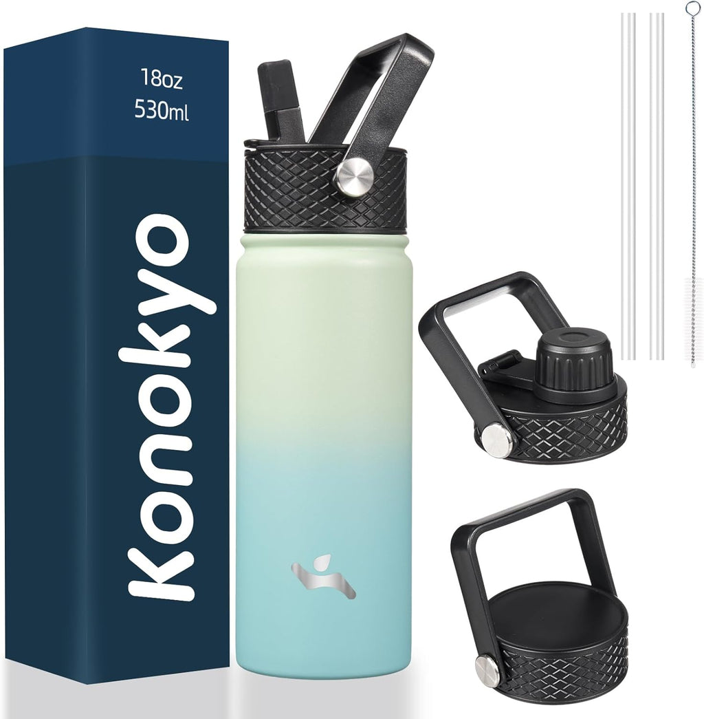 Skiennix 18 oz Insulated Stainless Steel Water Bottle - Versatile Sport Bottle with 3 Lids | Mint Color