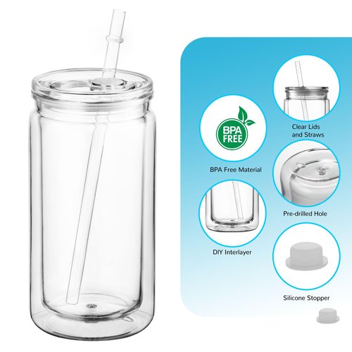 ZONEGRACE 12 Pack 16 oz Acrylic Snow Globe Tumbler Cups, Double Wall Plastic, Pre-Drilled Hole with Plug, DIY Snowglobe Tumbler Supplies Bulk, Clear Mason Jar Style with Lids & Straws