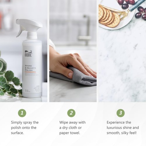 MORE - Stone & Quartz Polish - For Granite, Marble, & Natural Stone Countertops - Spray & Wipe Streak-Free - Water-Based Formula - Marble & Granite Polish - For Indoor & Outdoor Stone - 16 oz
