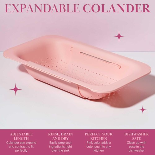 Paris Hilton Over the Sink Expandable Colander, Extendable Strainer, Adjustable from 14.5 inches to 19.5 inches, Fits most kitchen sinks, Made without BPA, Pink