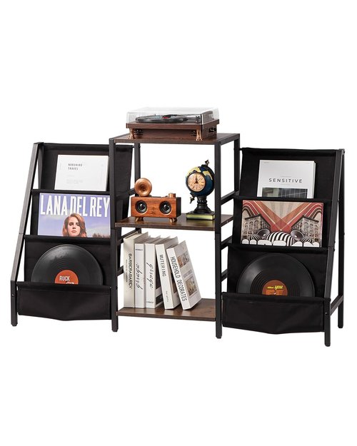 VEVOR Record Player Stand, 3 Tiers Metal Vinyl Record Stand, Turntable Stand with Record Holder Vinyl Display Shelf, Wooden Record Holder Ideal for Bedroom, Living Room, Black