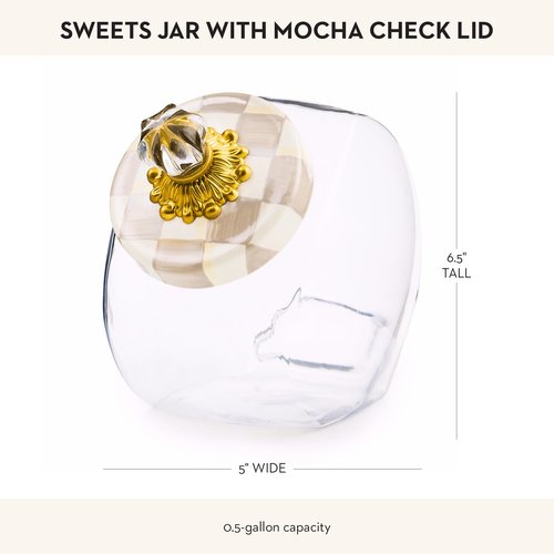 MACKENZIE-CHILDS Sweets Jar with Enamel Lid, Small Glass Cookie Jar or Kitchen Jar, 0.5-Gallon Capacity, Brown-and-White Mocha Check