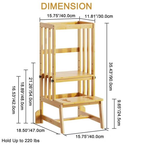 BAMBOOHOMIE Kids Kitchen Step Stool, Toddler Standing Tower Adjustable Height with Anti-Slip Feet, Toddlers Learning Step Stool Helper for Kitchen Counter or Bathroom Sink, Natural Bamboo
