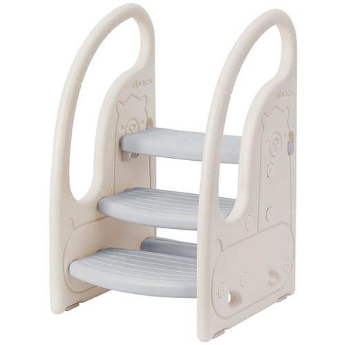 Toddler 3 Step Stool Onasti Kids Standing Tower for Toddlers Plastic Learning Helper Stool for Kitchen Counter Bathroom Sink Toilet Potty Training with Handles and Non-Slip Pads-Grey White
