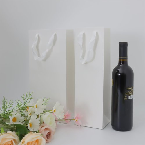 Chanseen 6Pcs White Wine Gift Bags for Single and Double Bottles Paper Bottle Bags with Handles for Champagne, Whiskey, Wedding Birthday Party Favors