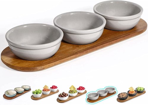 Artena 12 oz Ceramic Chip and Dip Serving Set - Acacia Tray & 5-inch Grey Bowls for Appetizers