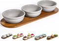 Artena 12 oz Ceramic Chip and Dip Serving Set - Acacia Tray & 5-inch Grey Bowls for Appetizers